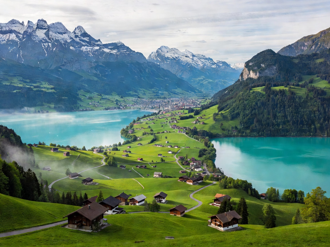 Interlaken valley situated between turquoise Lake Thun and Lake Brienz