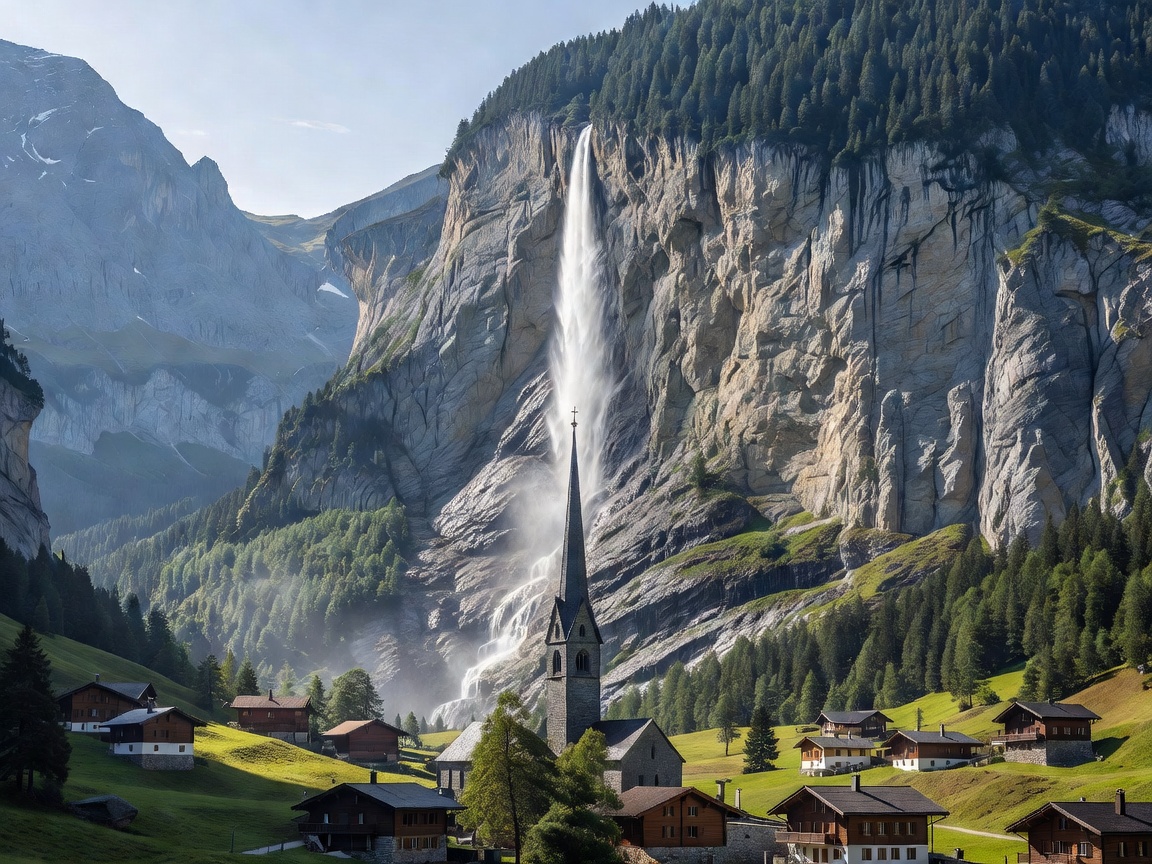 Lauterbrunnen church spire framed against Staubbach falls plunging from the sheer cliffside