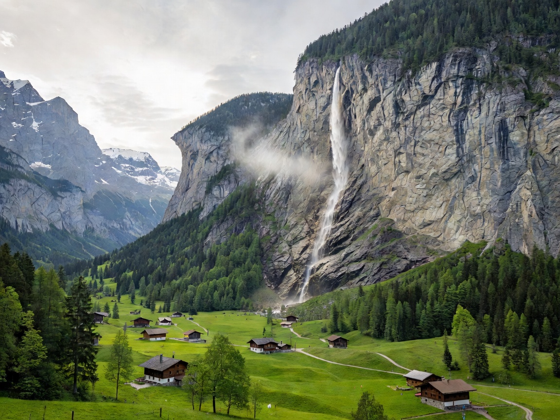 Lauterbrunnen valley vertical cliffside with Staubbach waterfall cascading down