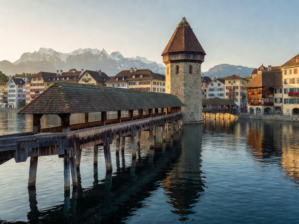 Lucerne Chapel Bridge across the Reuss river with historic tower