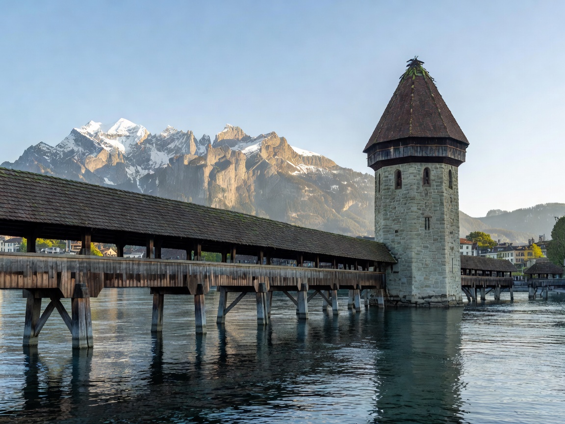 Lucerne wooden Chapel Bridge over the Reuss river against Mt Pilatus