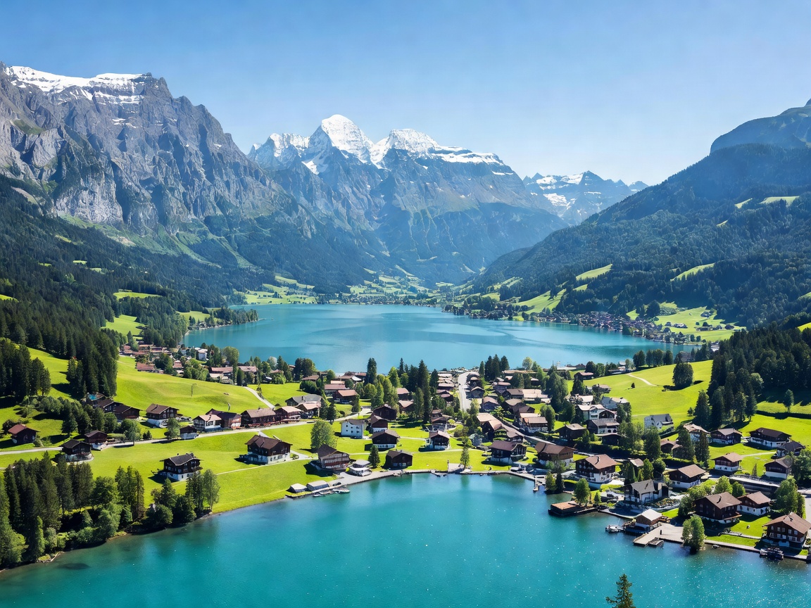 View of Interlaken landscape surrounded by pristine alpine peaks and turquoise lake waters