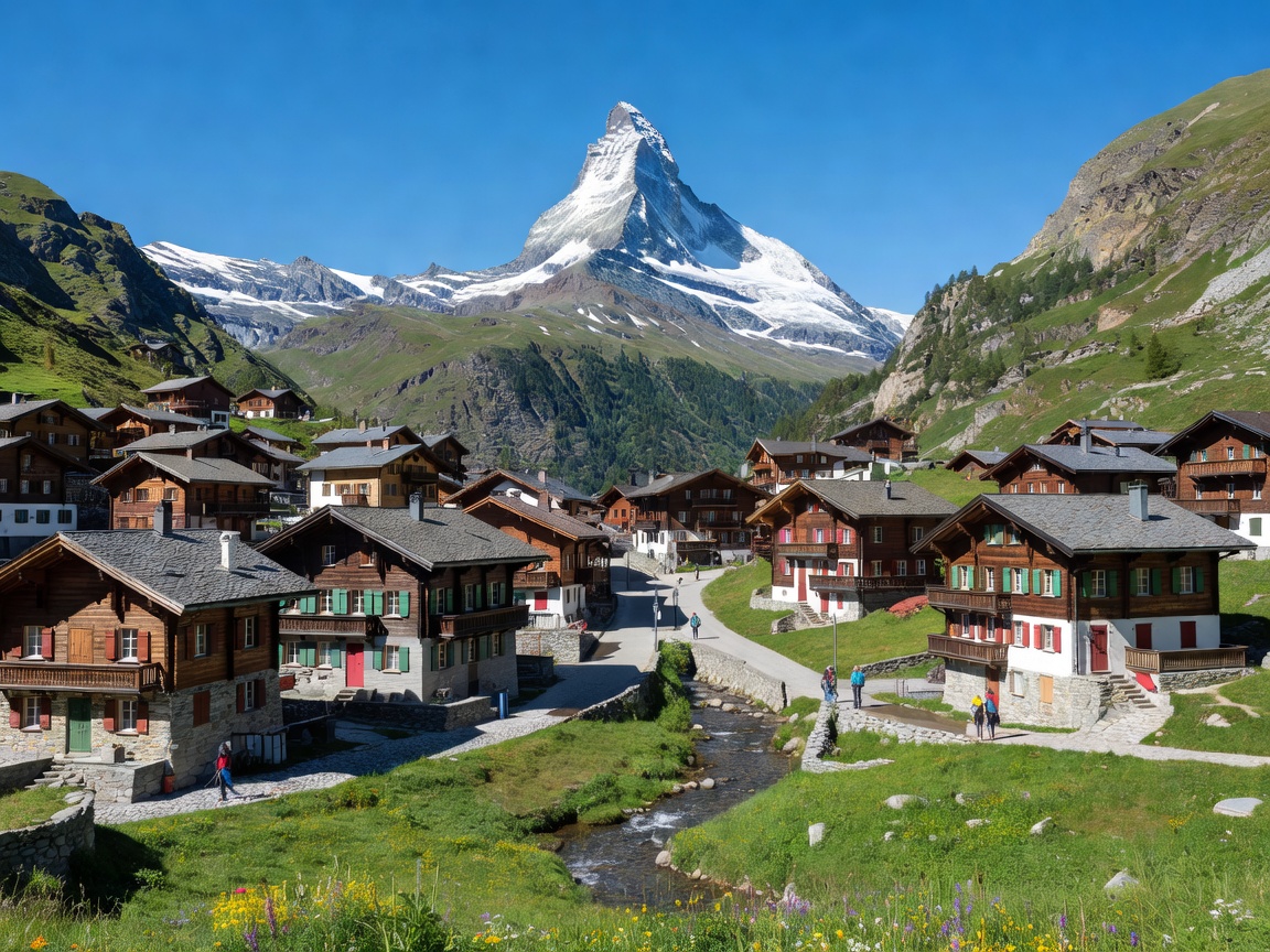 Zermatt village nestled under the towering alpine peak of the Matterhorn in clear daylight