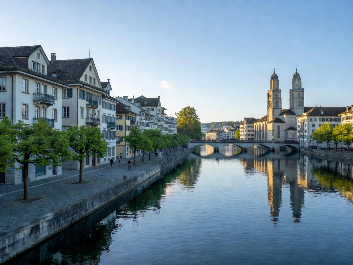 Zurich Limmat river waterfront framed in Swiss morning light